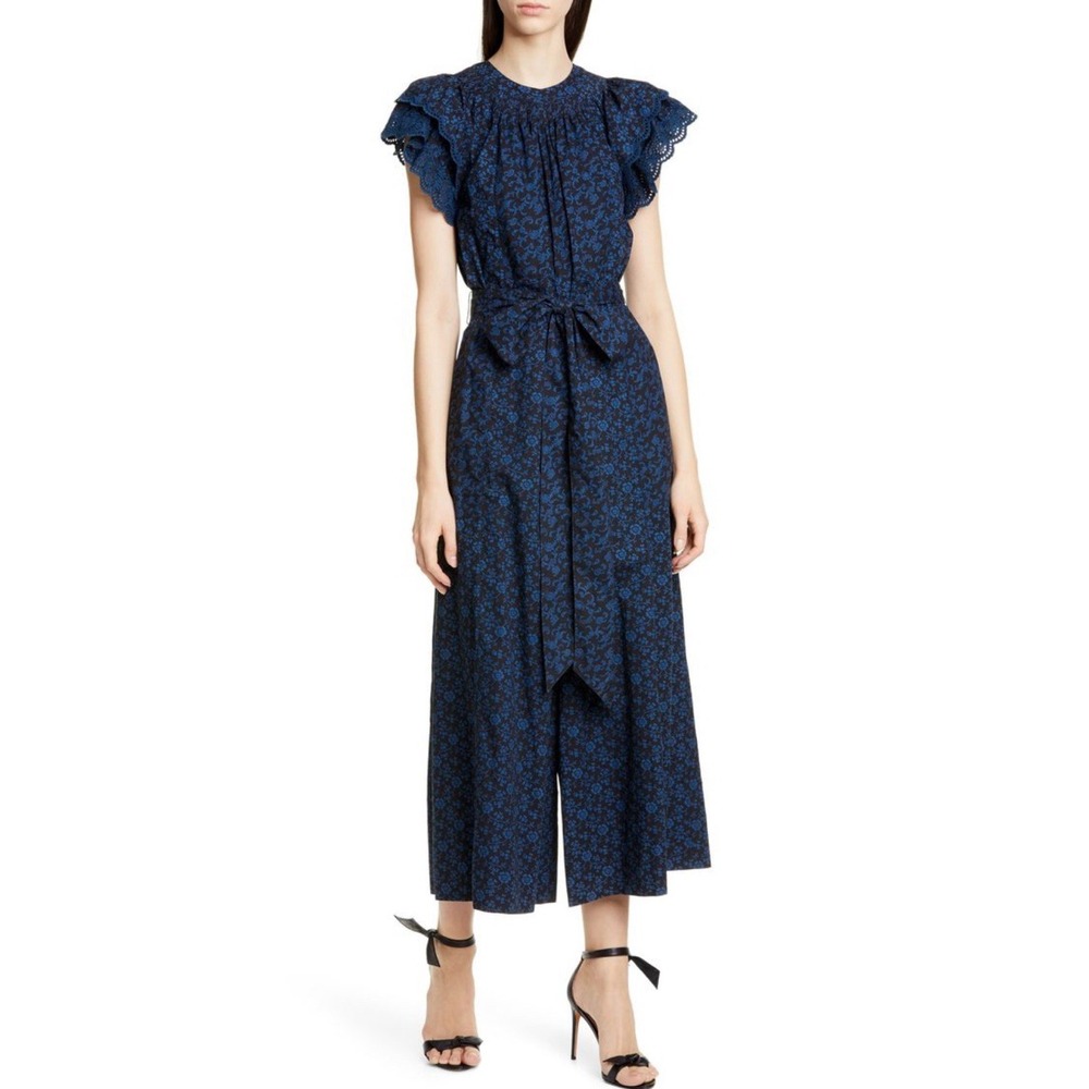 ULLA JOHNSON Landon Wide Leg Jumpsuit Size 6 Cotton Lace Tie Belt Black Navy